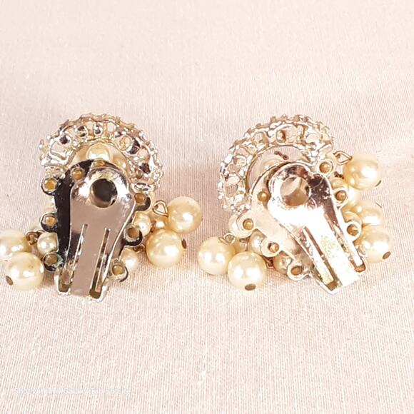 Clear Rhinestone Crowns Over Cascading Pearly Bead Clip Ons - Picture 7 of 8